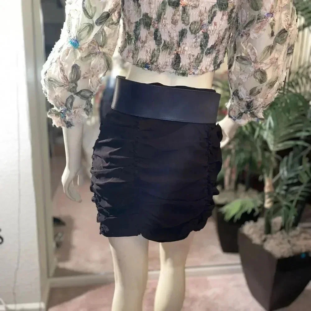 BLACK VALIA HIGH WAIST SHIRRED MINI SKIRT WITH FRONT FACING POCKETS 1x - Picture 8 of 15